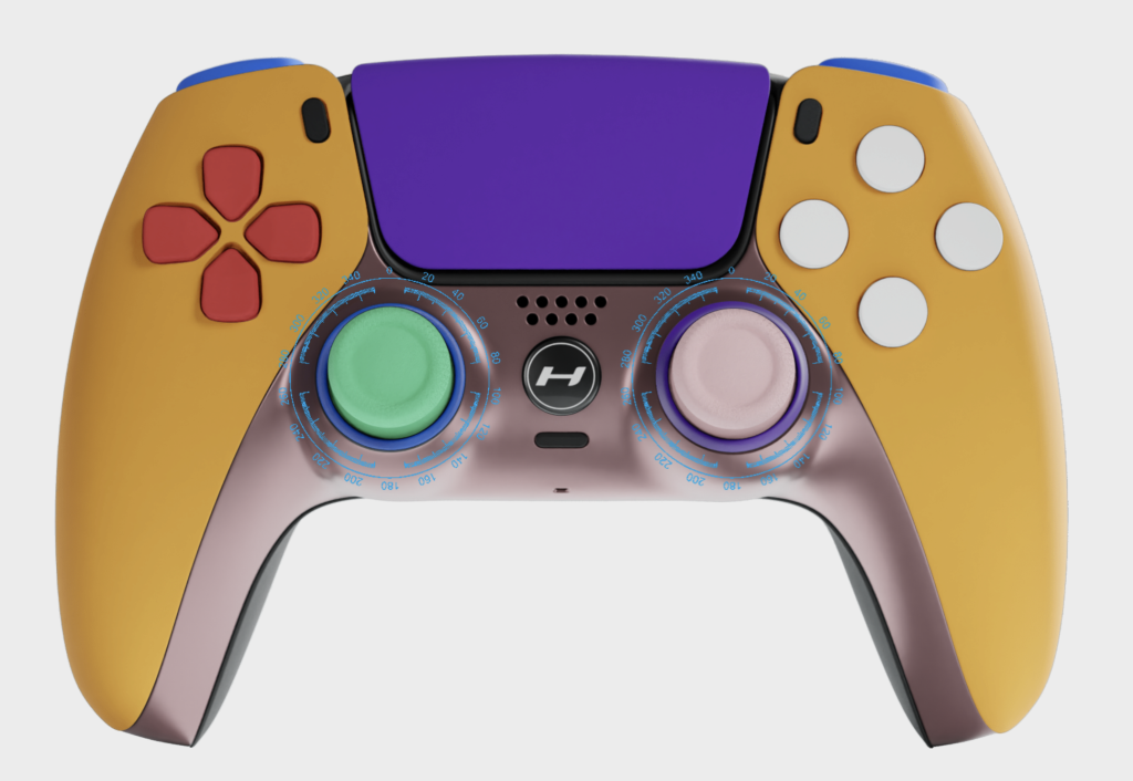 A garishly-colored custom PS5 controller. 